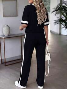 Conjunto de 2 piezas para mujer de primavera/verano, top de manga corta de cuello redondo y contraste de color casual y versátil, y pantalones rectos de cintura alta con cordón - Negro 1 - Ver 6