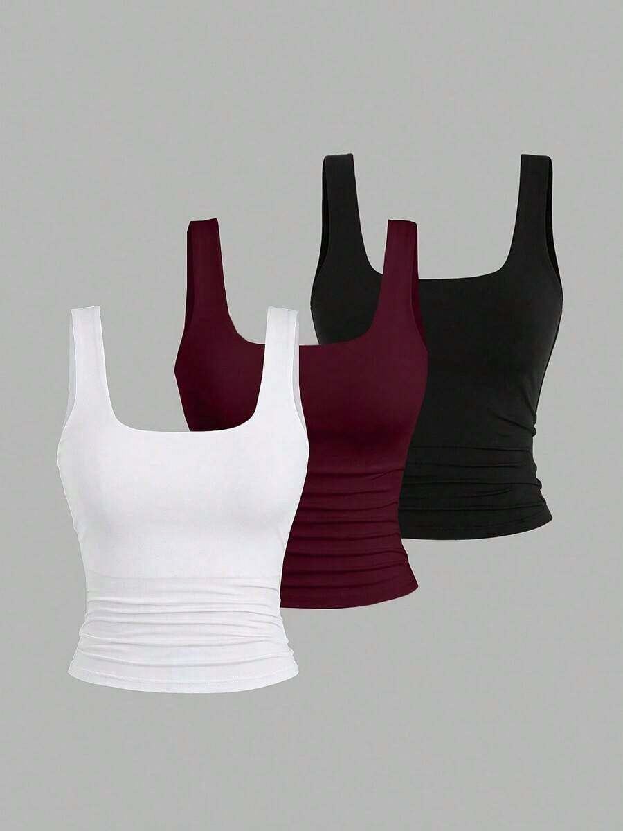 Camiseta sin mangas casual con cuello cuadrado y pliegues de unicolor para mujer - Multicolor - Ver 1