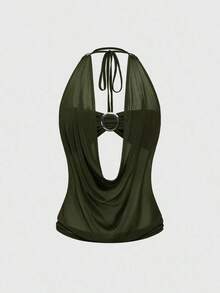 Hippie Camiseta sin espalda con cuello en V profundo, estilo vintage y holgado, para mujer (incluye forro de top tubo) - Verde militar - Ver 5