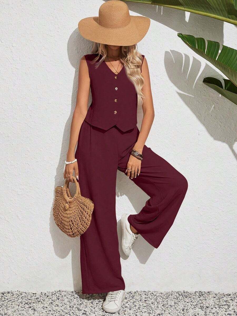 Set de 2 piezas de chaleco y pantalones de un solo abotonado de unicolor como conjunto de vacaciones para mujer - Rojo - Ver 1