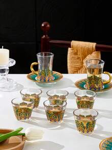 WGROOM 1个（单杯），1套（6个杯子+6个碟子+6个茶杯，6件套）玻璃咖啡杯碟，适用于家庭厨房、餐厅、客厅，可作礼品，适用于茶、咖啡、牛奶、果汁等饮品，也可用于婚礼、派对、生日等场合。 - 彩色 - 查看 5