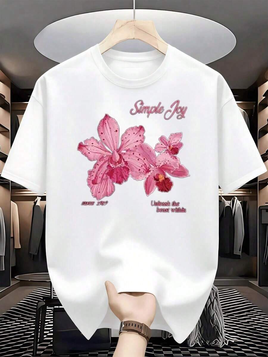Pink Orchid Flowers That Convey Simple Joy And Positive Energy, Inspiring Well-Being And Inner Calm With Delicate Details And Vibrant Colors. T-Shirt, 100% Cotton, 220g - 白色的 - 查看 1