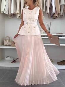 Elegant Two-Piece Set Sleeveless Pleated Tulle European Fashion Spring Summer - 玫紅色 - 查看 11