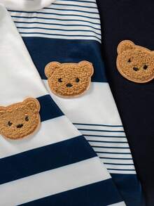 Set da 3 magliette a maniche lunghe casual da ragazzo, con stampe e motivi a righe, collo rotondo, adatte per la primavera/autunno - Blu - Visualizzare 5