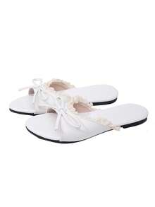 planare New Elegant Summer Slip-On Sandals For Women, Featuring Lace Trim, Round Toe, Bowknot Decor, Flat Sole, Suitable For Beach, White Color - White - View 11