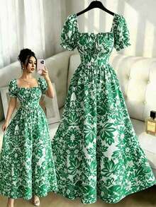 Nuevo Vestido Largo Elegante de Mujer con Mangas de Globo de Estampado Digital, Nudo Delantero, Recorte Trasero en la Cintura, Favorecedory Encantador para Vacaciones y Citas Nocturnas - Verde - Ver 1