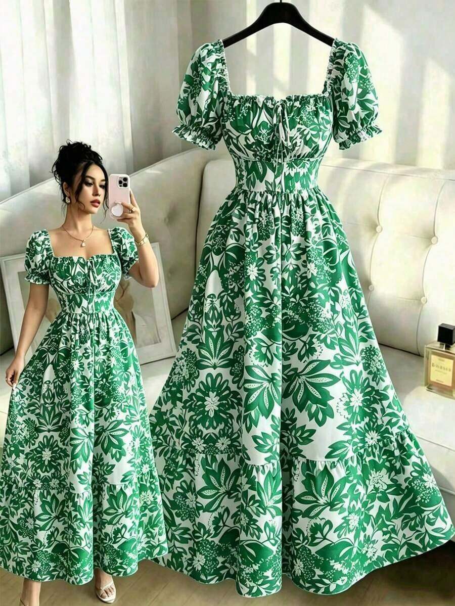 Nuevo Vestido Largo Elegante de Mujer con Mangas de Globo de Estampado Digital, Nudo Delantero, Recorte Trasero en la Cintura, Favorecedory Encantador para Vacaciones y Citas Nocturnas - Verde - Ver 1