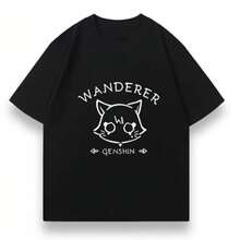 Mercancía del juego : Camiseta de manga corta con diseño del gato Wanderer Scaramouche para hombres y mujeres, ropa de anime de verano para estudiantes. - Blanco - Ver 4