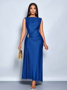 Vestido elegante de mujer con decoración de metal de unicolor, ajuste delgado, adecuado para el uso diario, compras, fiestas y reuniones - Azul marino - Ver 1
