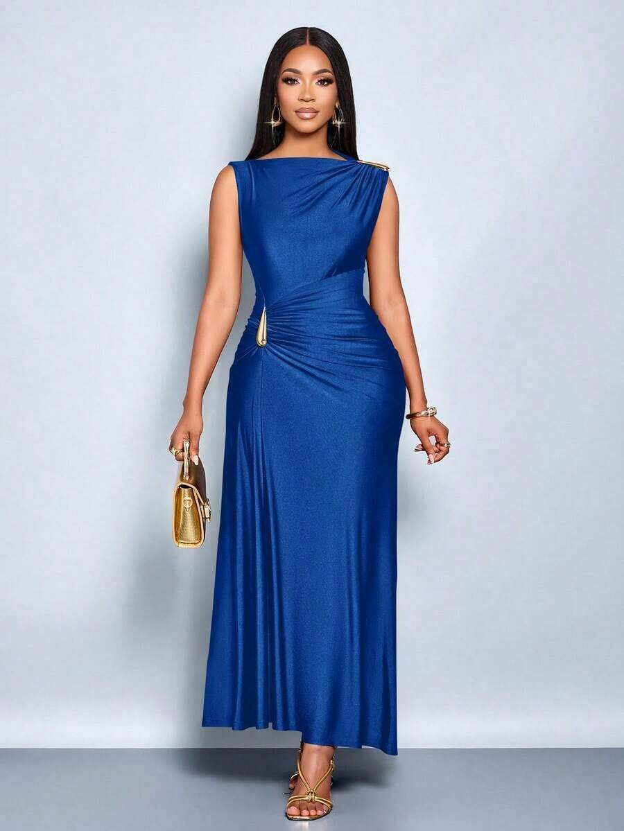 Vestido elegante de mujer con decoración de metal de unicolor, ajuste delgado, adecuado para el uso diario, compras, fiestas y reuniones - Azul marino - Ver 1