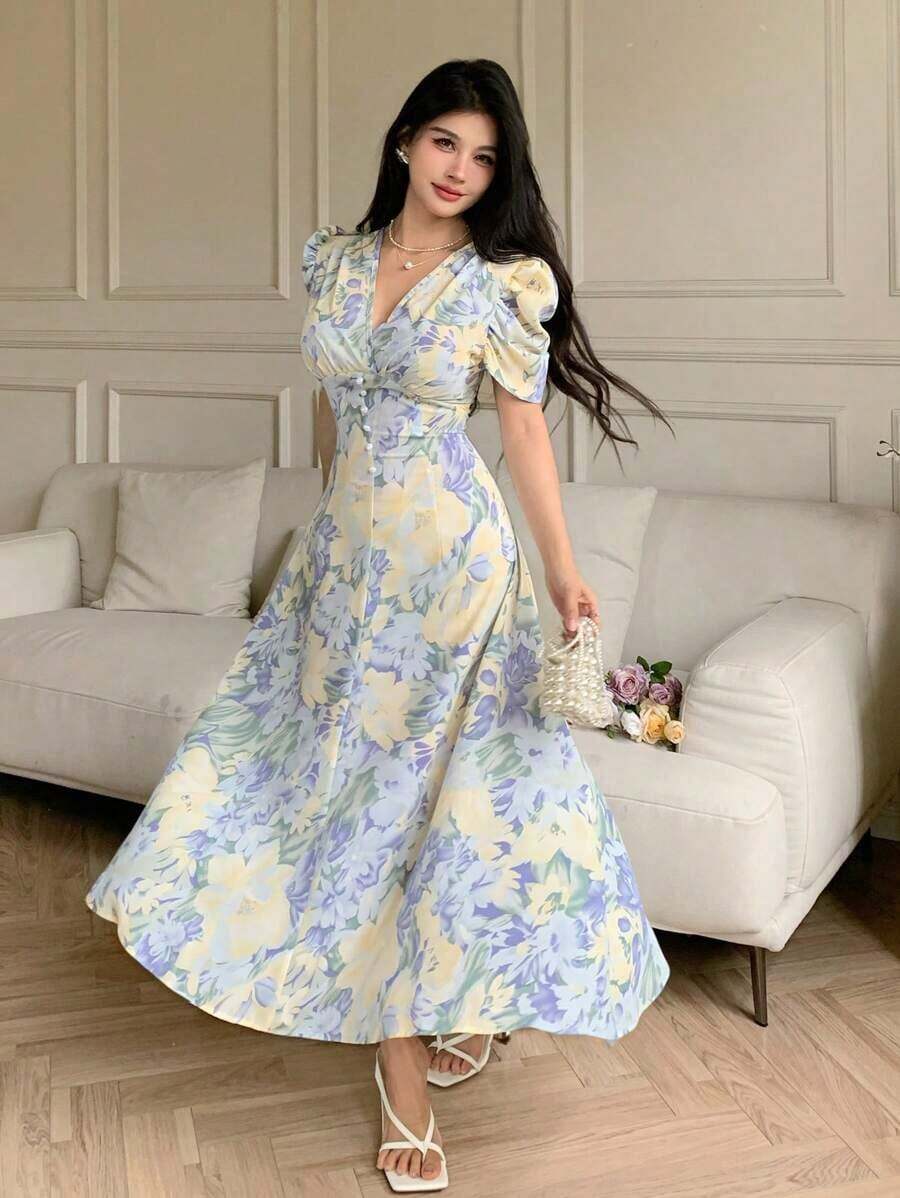 Vestido de mujer de ajuste ceñido con cuello cruzado, botones de perlas y mangas abullonadas - Azul - Ver 1