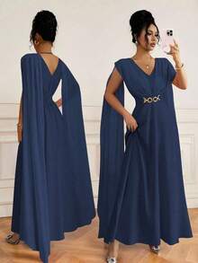 Nuevo vestido ligero con decoración de cinturón de cintura fruncida, diseño de lazo en la espalda, elegante y grácil vestido casual para la temporada de bodas y vacaciones - azul real - Ver 6