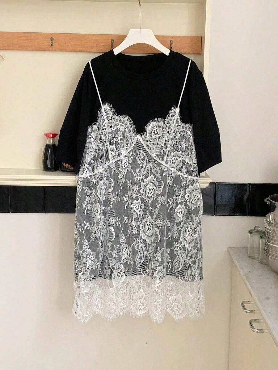 YHHDazy Tall Vestido camiseta de mujer con parches de encaje, vestido casual de estilo vacacional corto para el veranoYHH - Negro - Ver 1