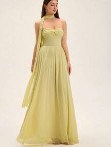 Aveloria Revavyn Vestido con superposición de malla y amarre a la cintura, longitud de maxi - Amarillo - Ver 4