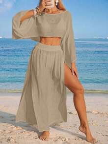 Nevyona Conjunto de dos piezas de cubrecuerpo casual de manga larga y abertura para mujer, color blanco - Caqui - Ver 5