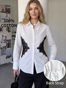 Camisa de manga larga con botones de estilo empresarial de hombro regular en color rosa, adecuada para el tránsito urbano, la oficina y el uso casual, primavera/verano - Blanco y Negro - Ver 1