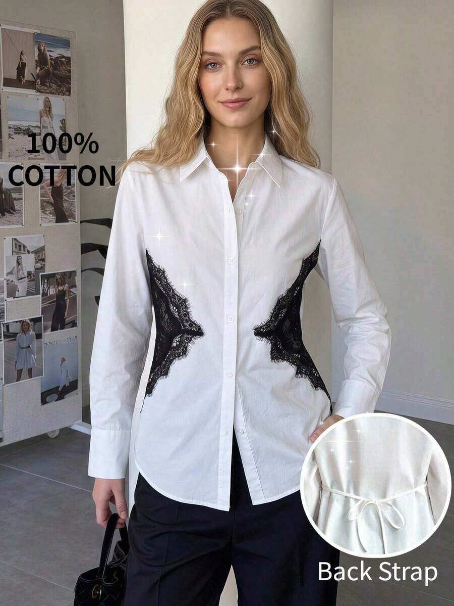 Camisa de manga larga con botones de estilo empresarial de hombro regular en color rosa, adecuada para el tránsito urbano, la oficina y el uso casual, primavera/verano - Blanco y Negro - Ver 1