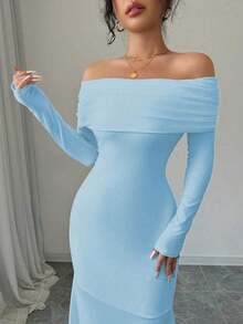 Vestido largo de punto acanalado con manga larga, cintura ceñida, hombros descubiertos, espalda descubierta, doblez de cola de pez, elegante y sexy, color blanco, para otoño/invierno, atuendo de mujer maxi - Celeste - Ver 6