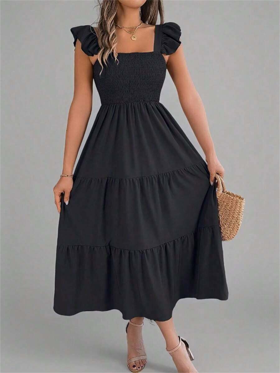 Nuevo vestido midi de unicolor con cuello cuadrado, casual, con espalda descubierta, volantes y sin mangas, color caqui, elegante para primavera/verano - Negro - Ver 1