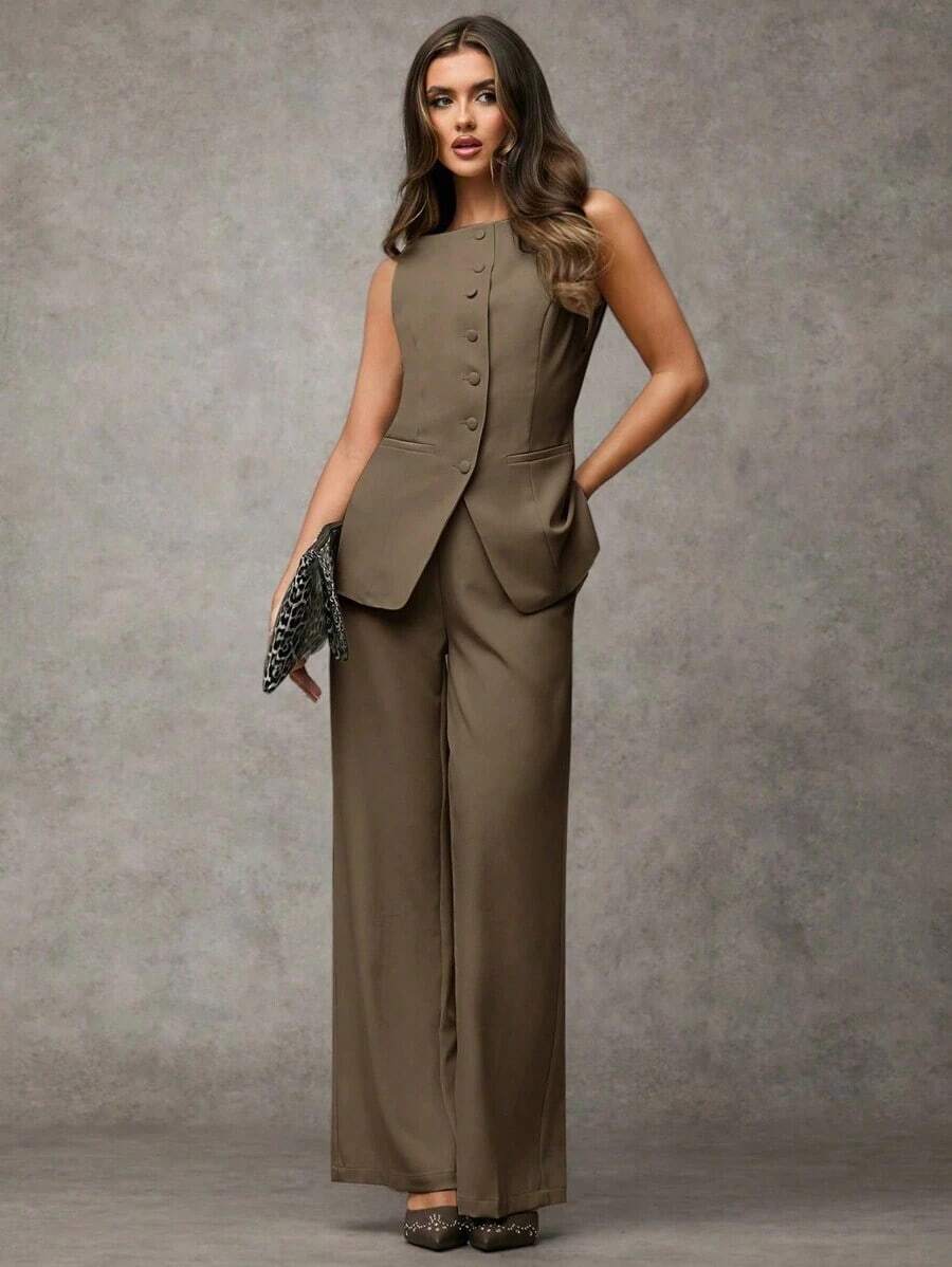 Traje de pantalón sin mangas negro para mujer con detalles de botones dorados con rosas, casual de negocios para otoño/invierno - Marrón 2 - Ver 1