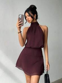Vestido de mujer sexy y elegante con cuello halter, cintura fruncida de gasa - Burdeos - Ver 8