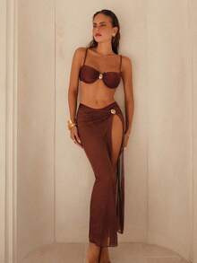 Conjunto de 3 piezas para primavera/verano: Camiseta sin mangas con aros push-up de unicolor, calzoncillos de natación de tiro alto y falda larga de malla, traje de baño para vacaciones en la playa para mujeres - Café integral - Ver 1
