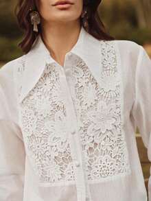 Blusa holgada con apliques de encaje en el cuello, ideal para ir de fiesta o salir - Blanco - Ver 4