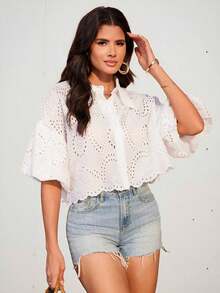 Aveloria Frievida Camisa sencilla y de moda con mangas abullonadas, bordado calado y estilo bohemio - Blanco - Ver 3
