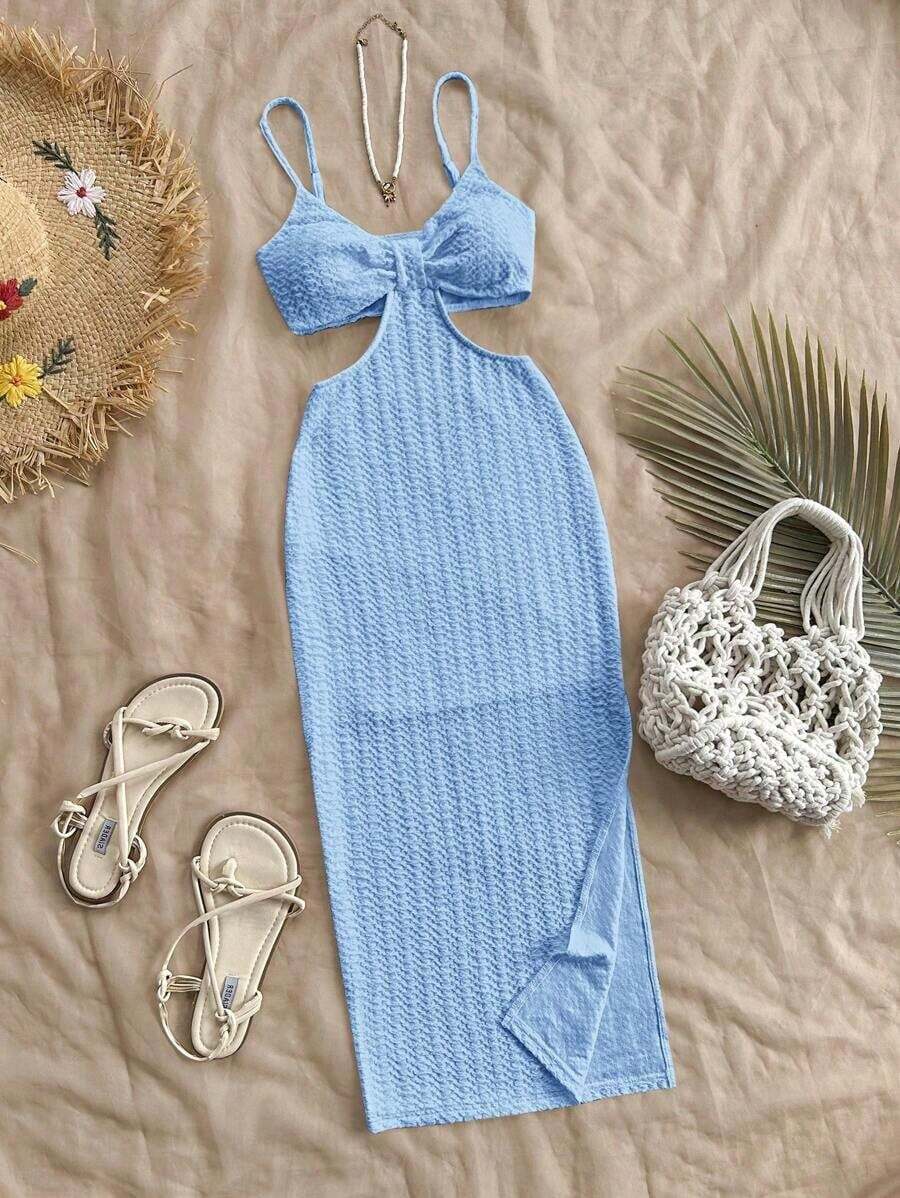 Camiseta de tirantes casual y sexy con recortes en la cintura, de tela con textura para vacaciones - Celeste - Ver 1