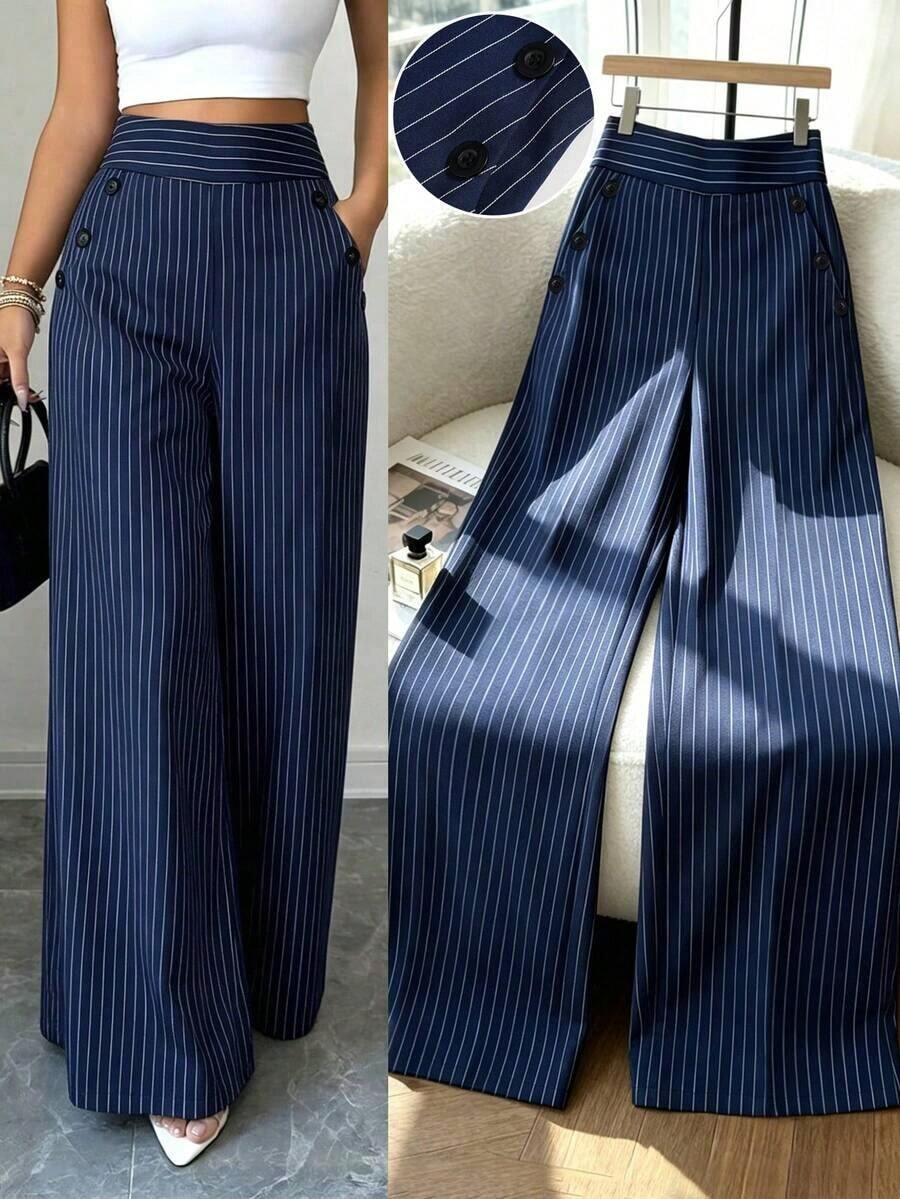 Nuevos pantalones de estilo coreano de primavera/verano, minimalistas y elegantes, de lino a rayas azul y blanco, de cintura alta, estilizadores, de pierna recta y sueltos, informales para mujer - Azul marino - Ver 1