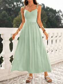 Vestido de playa para mujer con cuello en V, espalda descubierta, cintura ceñida y bajo suelto - Verde - Ver 5