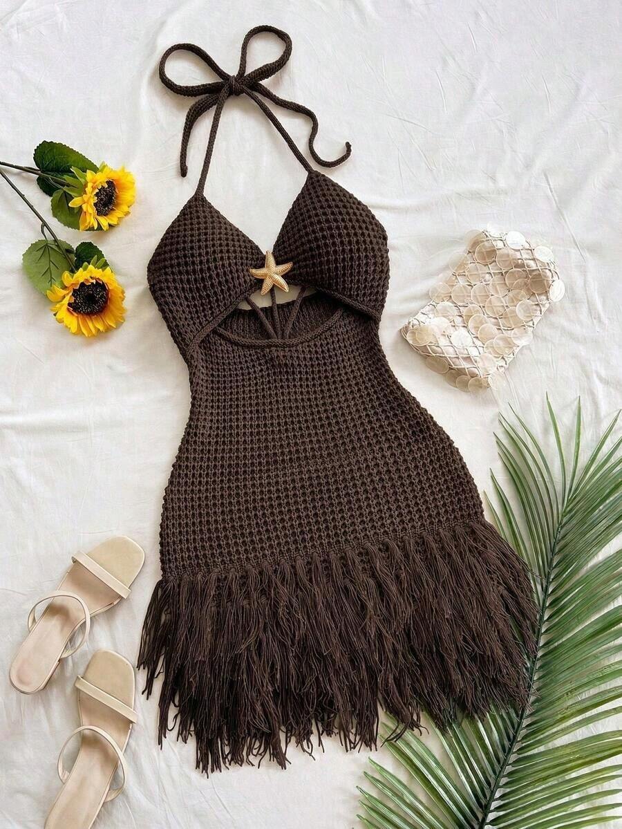 Vestido mini de mujer  con tirantes finos, escote en V, calado, estrella de mar de metal tejida, flecos, para vacaciones, playa, cita, boda, fiesta, crucero, estilo bohemio, festival de música, hippie, western - Café integral - Ver 1