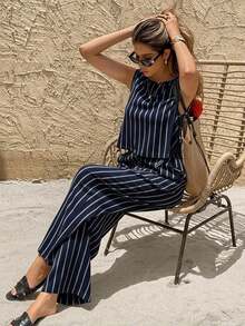 Conjunto de 2 piezas de top de tirantes casual a rayas y pantalones rectos para mujer, para verano - Azul marino - Ver 8