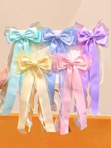 1/5pcs Set Style Satin Chiffon Bow Ribbon Hair Clips, Bowknot Hair Clips With Flowing Ribbons - Multicolor - View 1