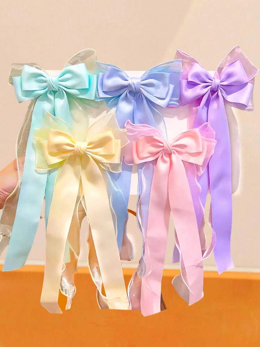 1/5pcs Set Style Satin Chiffon Bow Ribbon Hair Clips, Bowknot Hair Clips With Flowing Ribbons - Multicolor - View 1