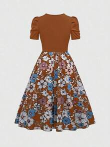 Vestido de verano de longitud media con estampado floral elegante y patchwork para mujer - Marrón - Ver 2
