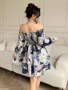 Vestido de flores con hombros descubiertos elegante y apropiado para ir al trabajo - Azul - Ver 2