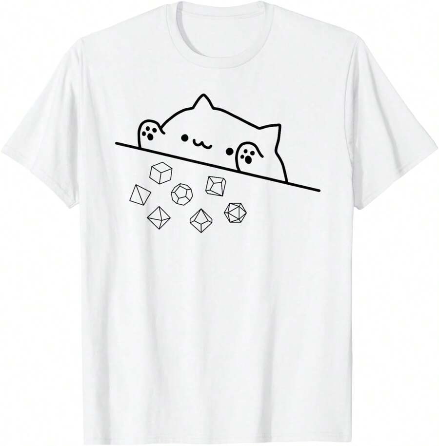 Camiseta 100% algodón con diseño de gato lanzando dados arcoíris para RPG de mesa - Blanco - Ver 1