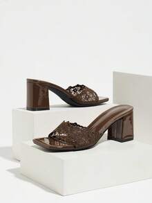 Women's High Heel Shoes Spring/Summer Night Party Commute Style Lace Embroidery Mule Square Toe Chunky Heel Sexy Glamorous High-End Coffee Color - Coffee Brown - View 6