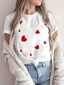 Playera de Mujer Blanca con Estampado de Corazones Rojos Estilo Romántico Manga Corta Cuello Redondo Suave de Alta Calidad - Blanco - Ver 6