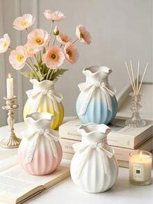 One PC Gradient Ceramic Flower Vase, Lace Bow Ruffle Floral Container, Minimalist Aesthetic Tabletop Vase, Decor Ornament For Fresh Dried Flower, Living Room Balcony Bedroom Desktop Home Display - 1PC - View 6
