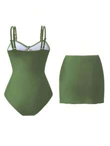 Swim Oasis 1 pieza Traje de baño de una sola pieza casual de vacaciones con decoración de pentágono lindo para mujer - Verde militar - Ver 2