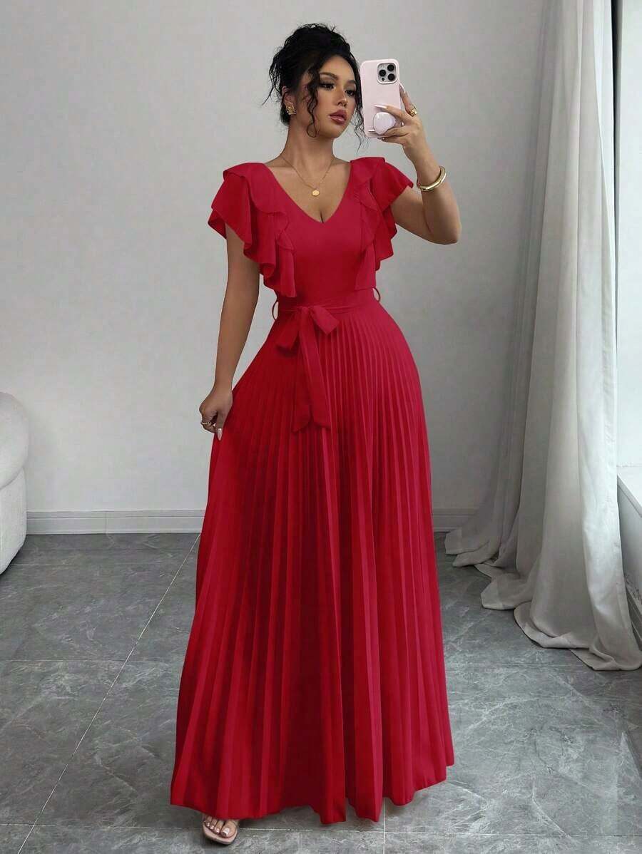 Vestido elegante y romántico de mujer con cuello en V, cintura con volantes y silueta en A - Rojo - Ver 1