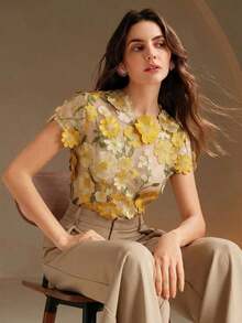 Blusa romántica con bordado en 3D de flores multicorror - Amarillo - Ver 4
