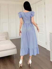 Vestido de tirantes, con volantes, estampado floral diminuto, con cuello de pico, estilo para ir al trabajo, vestido largo - Azul 2 - Ver 3