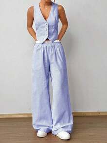 2 piezas Conjunto de pantalones con bolsillos de color contrastante y blusa sin mangas con cuello en V y botones delanteros a rayas para mujer - Multicolor - Ver 6