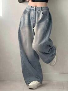 Jeans casuales de bolsillo de ajuste holgado de unicolor para mujer - Lavado ligero 2 - Ver 2