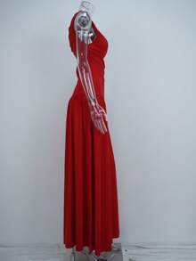 Vestido largo unicolor plisado primavera ajustado elegante estilo moda europea para mujer - Rojo - Ver 7