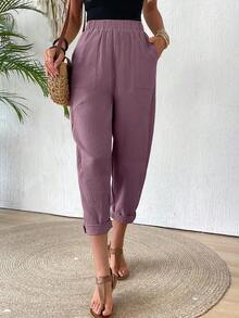 LUMIGAL Pantalones casuales sueltos de cintura elástica para mujer con forma cónica y bolsillos de unicolor - Rojo violeta - Ver 7