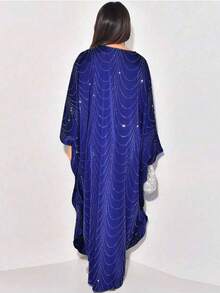 Áo choàng Abaya/Cardigan dáng rộng đính đá lấp lánh thời trang Trung Đông mới nhất mùa Xuân/Hè 2025 dành cho nữ - Xanh đậm - Xem 4